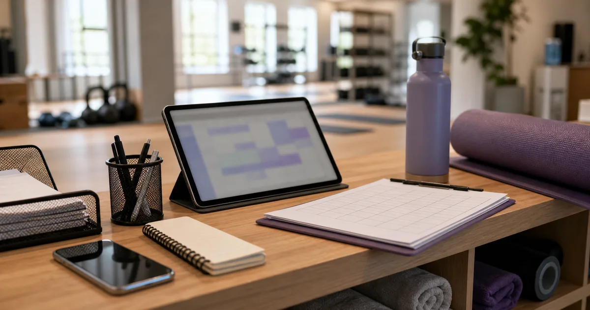 Fitness studio reception with a schedule, phone and blurred group class room in the background